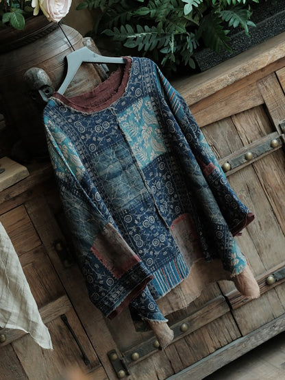 Plus Size Women Summer Vintage Patchwork O-Neck Cotton Shirt