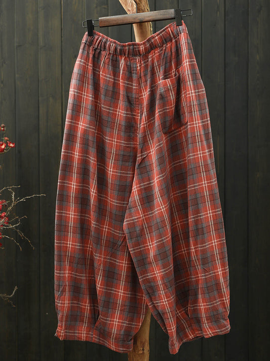 Plus Size Women Summer Casual Plaid Cotton Bloomers