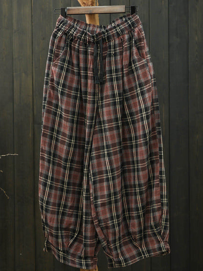 Plus Size Women Summer Casual Plaid Cotton Bloomers