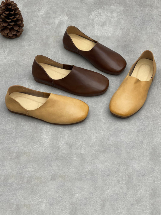 Women Vintage Pure Color Genuine Leather Flat Shoes