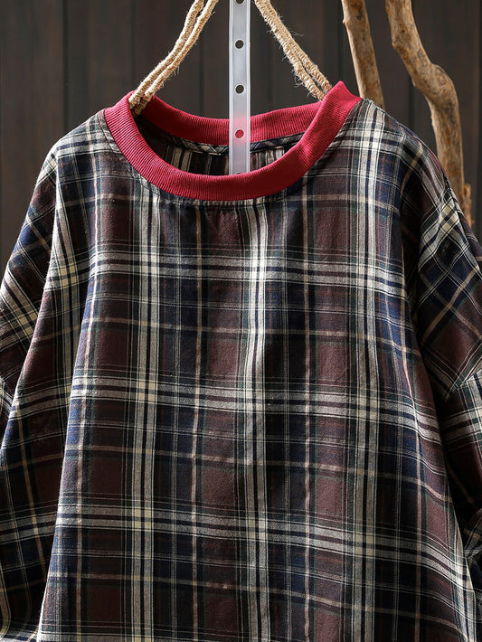 Plus Size Women Summer Vintage Plaid Cotton O-Neck Blouse