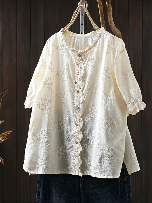 Plus Size Women Summer Artsy Flower Embroidery 100%Cotton Shirt