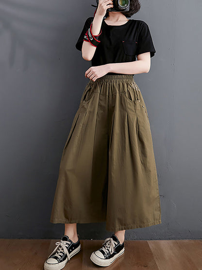 Plus Size Women Summer Casual Pure Color Wide-leg Pants