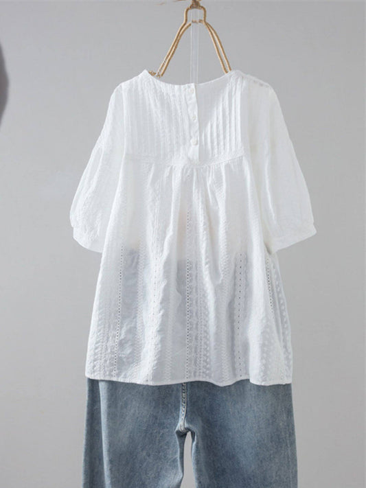 Plus Size Women Summer Artsy Jacquard O-Neck 100%Cotton Blouse