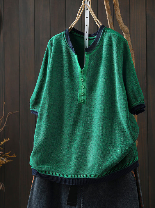 Women Summer Casual Pure Color V-Neck Blouse
