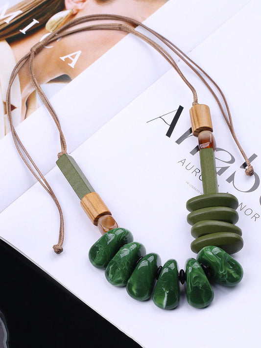 Women Vintage Resin Stone Wooden Weave Necklace