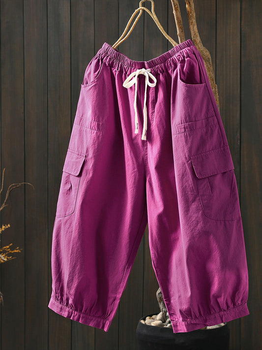 Plus Size Women Summer Casual Pure Color Cotton Capri Pants