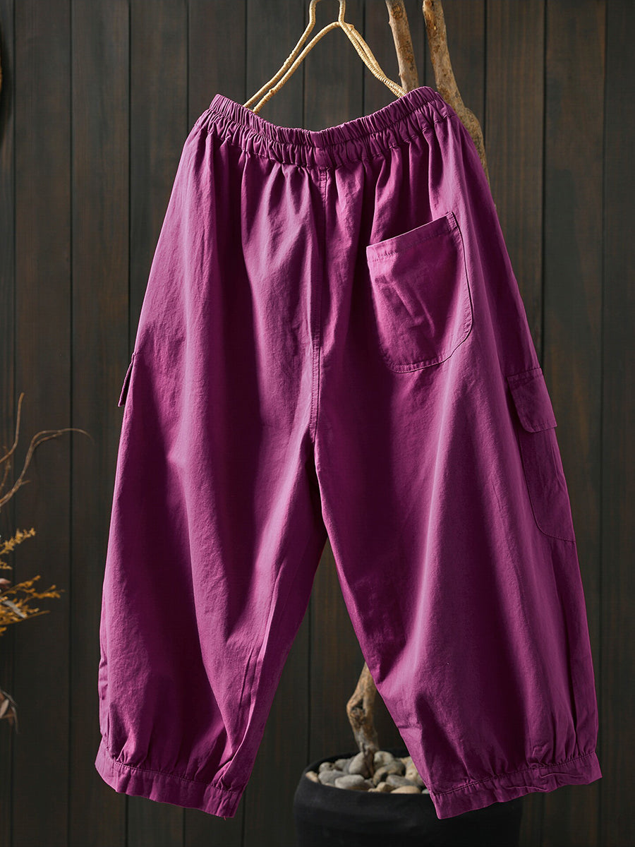 Plus Size Women Summer Casual Pure Color Cotton Capri Pants
