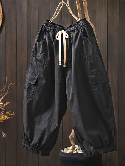 Plus Size Women Summer Casual Pure Color Cotton Capri Pants