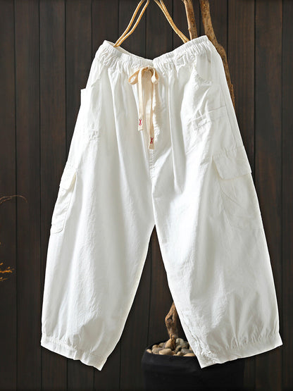 Plus Size Women Summer Casual Pure Color Cotton Capri Pants