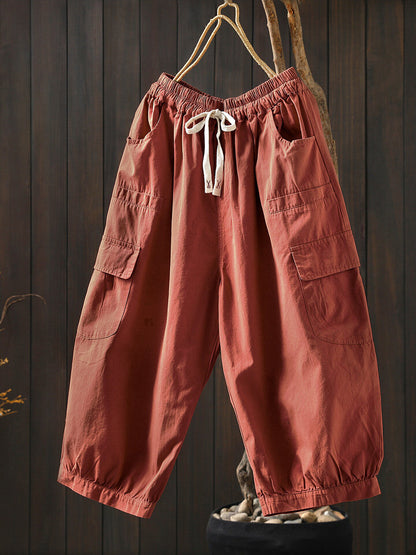 Plus Size Women Summer Casual Pure Color Cotton Capri Pants