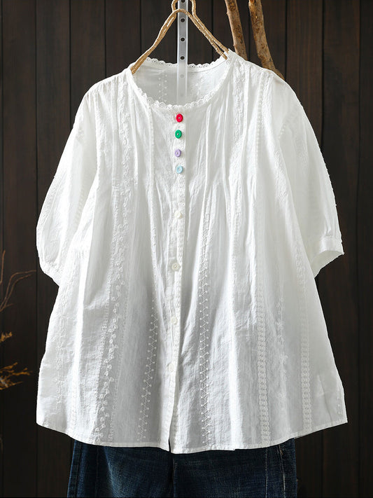 Plus Size Women Summer Artsy Embroidery 100%Cotton Shirt