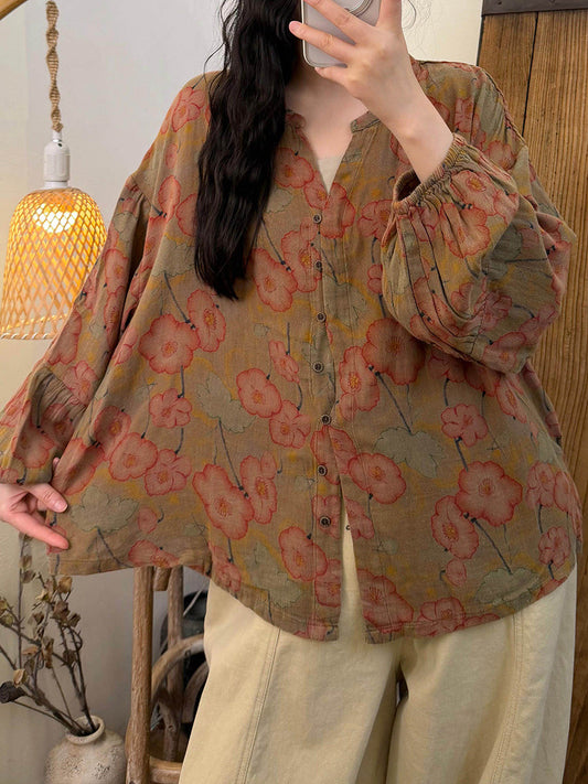 Women Spring Artsy Flower V-Neck Cotton Shirt