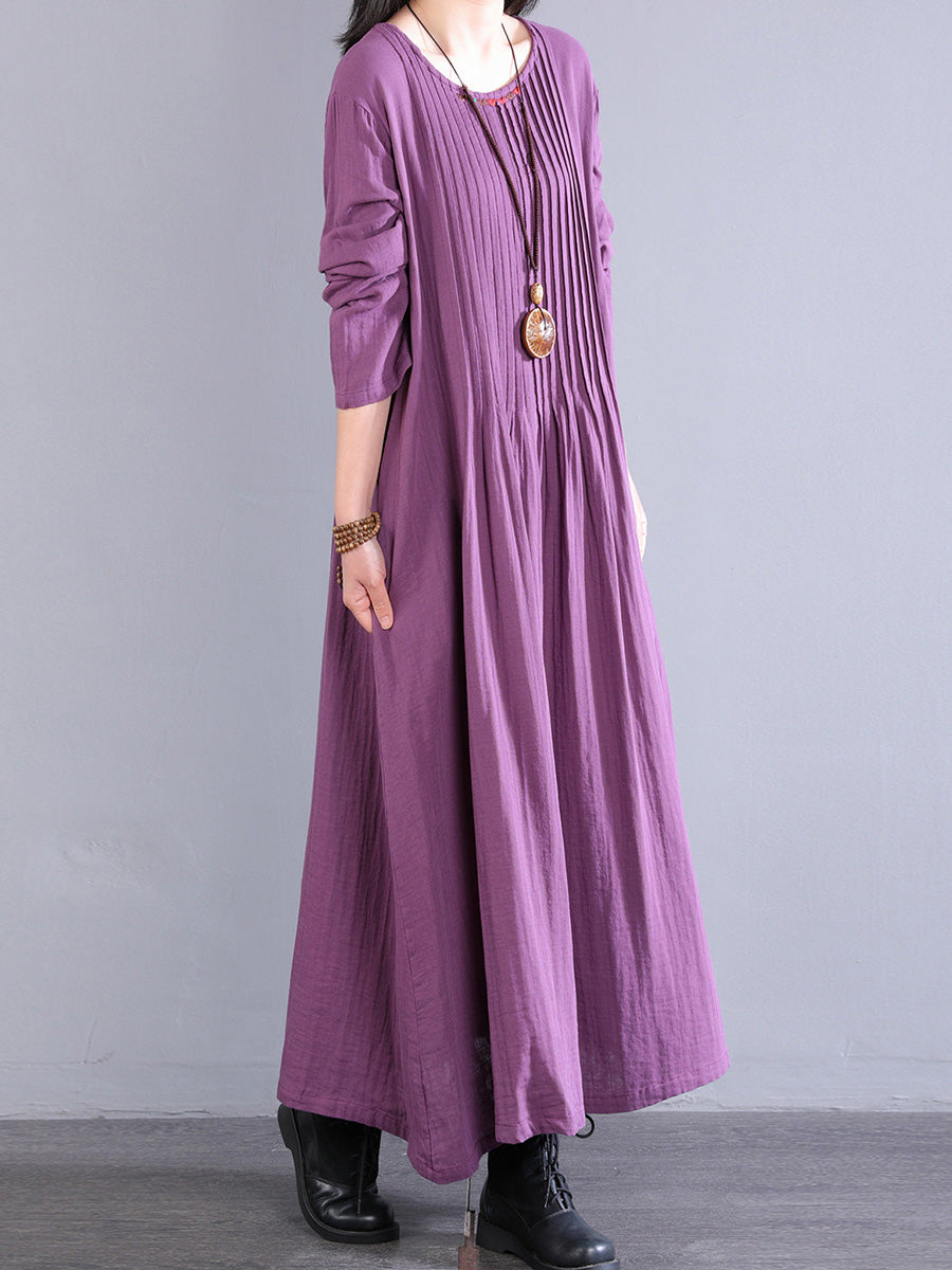 Plus Size Women Artsy Pure Color Shirred 100%Cotton O-Neck Dress