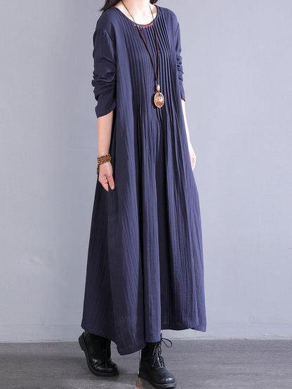 Plus Size Women Artsy Pure Color Shirred 100%Cotton O-Neck Dress
