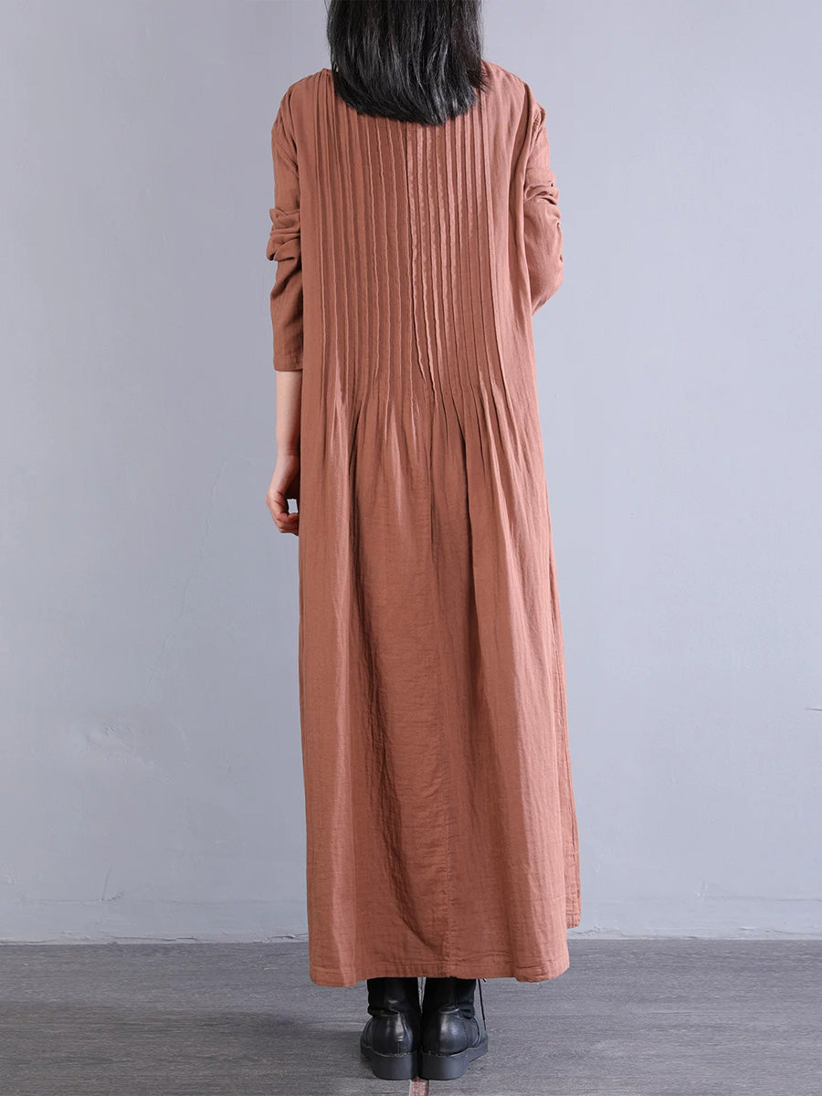 Plus Size Women Artsy Pure Color Shirred 100%Cotton O-Neck Dress