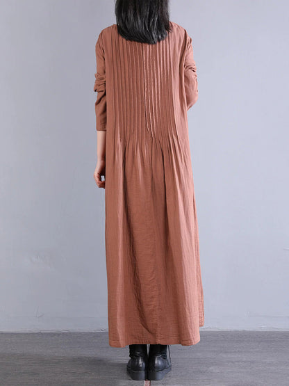 Plus Size Women Artsy Pure Color Shirred 100%Cotton O-Neck Dress