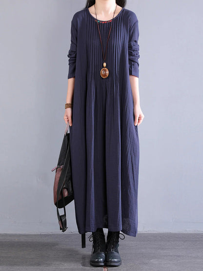 Plus Size Women Artsy Pure Color Shirred 100%Cotton O-Neck Dress