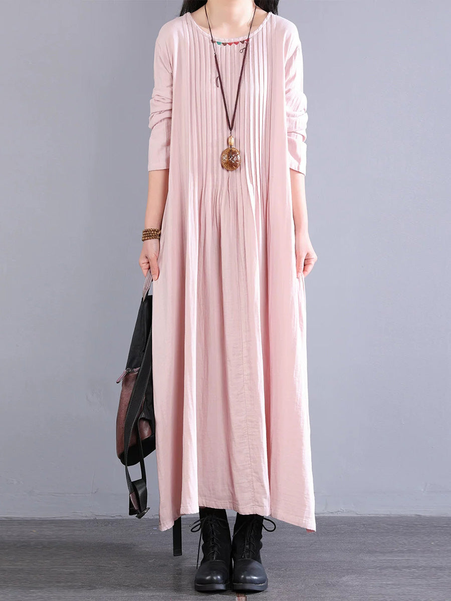 Plus Size Women Artsy Pure Color Shirred 100%Cotton O-Neck Dress