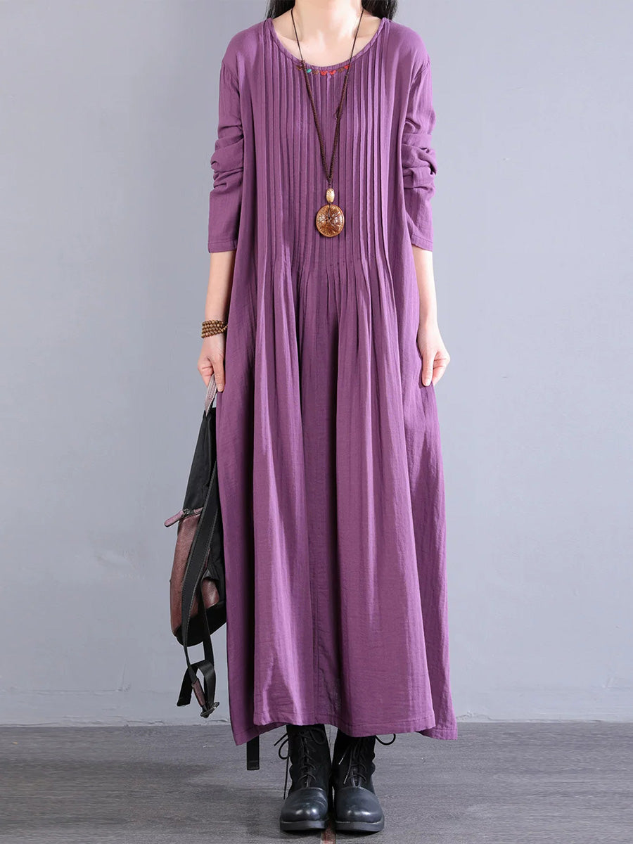 Plus Size Women Artsy Pure Color Shirred 100%Cotton O-Neck Dress