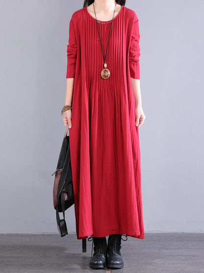 Plus Size Women Artsy Pure Color Shirred 100%Cotton O-Neck Dress