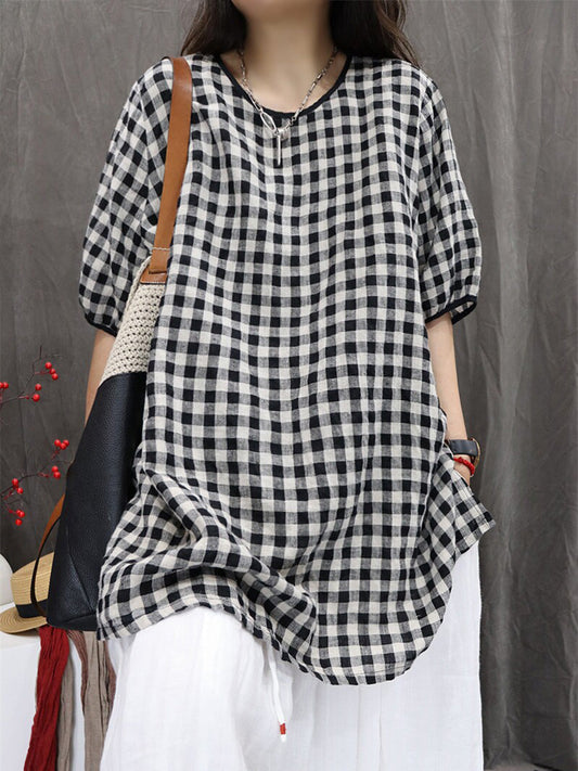 Plus Size Women Summer Artsy Plaid Cotton Linen Blouse
