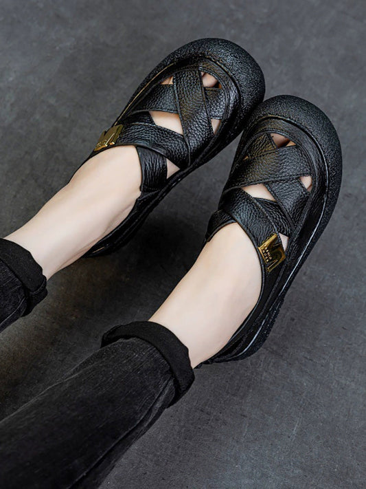 Women Summer Leather Weave Flat Shoes
