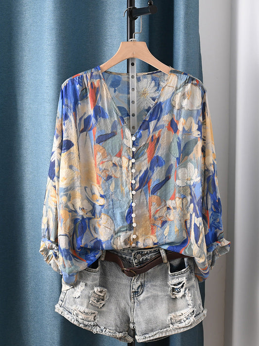 Plus Size Women Summer Artsy Flower V-Neck Shirt