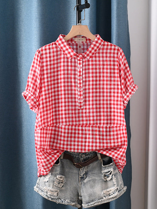 Plus Size Women Summer Artsy Plaid 100%Cotton Shirt