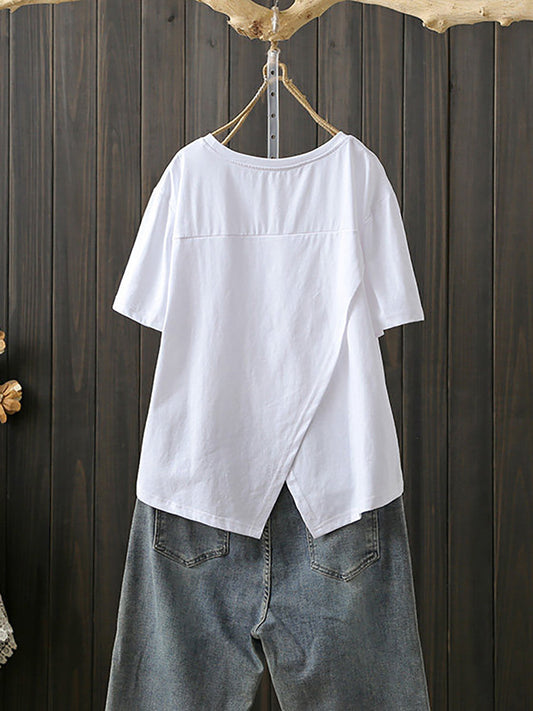 Plus Size Women Summer Artsy Irregular O-Neck Cotton T-Shirt