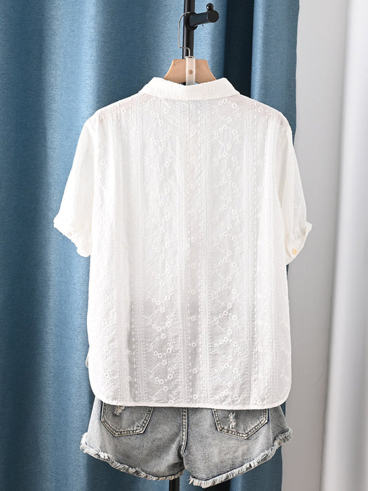 Plus Size Women Summer Artsy Embroidery 100%Cotton Shirt