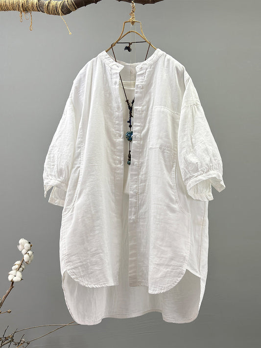 Plus Size Women Artsy Stand Collar 100%Cotton Shirt