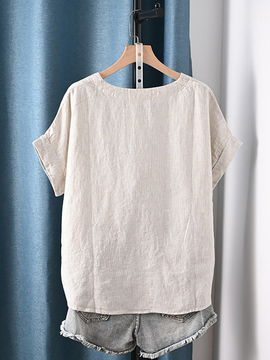Plus Size Women Summer Artsy Stripe O-Neck Cotton Blouse