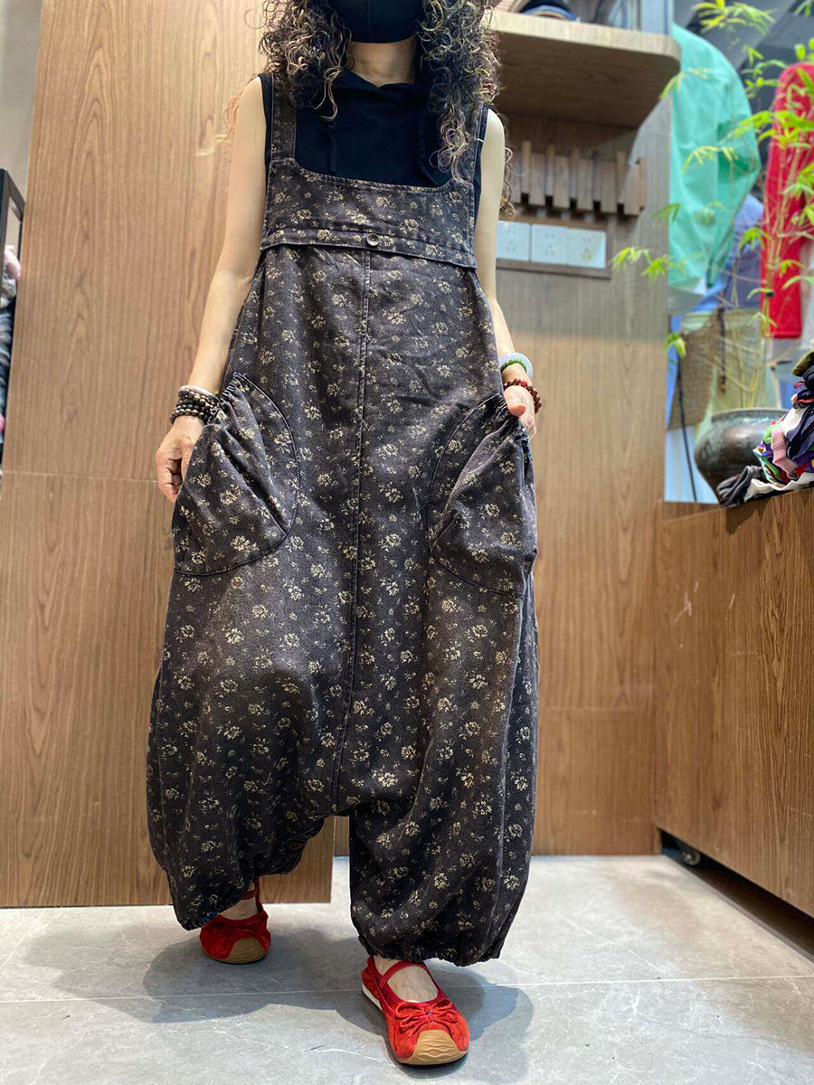 Women Vintage Floral Denim Low Crotch Jumpsuit