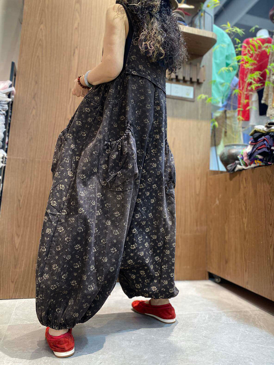 Women Vintage Floral Denim Low Crotch Jumpsuit