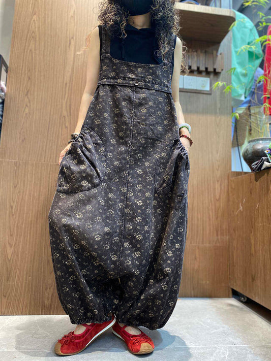 Women Vintage Floral Denim Low Crotch Jumpsuit