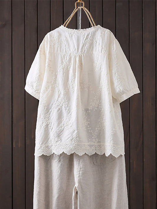 Plus Size Women Summer Artsy Embroidery 100%Cotton Shirt