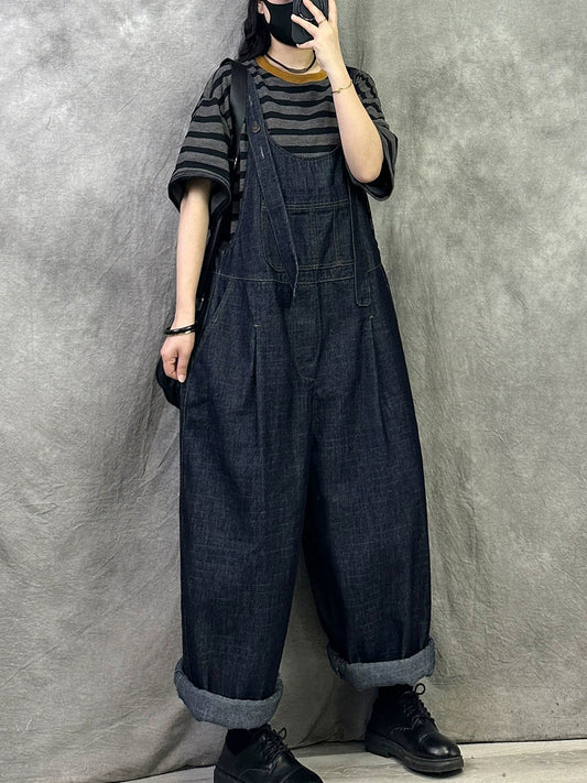 Women Vintage Pure Color Denim Loose Jumpsuit