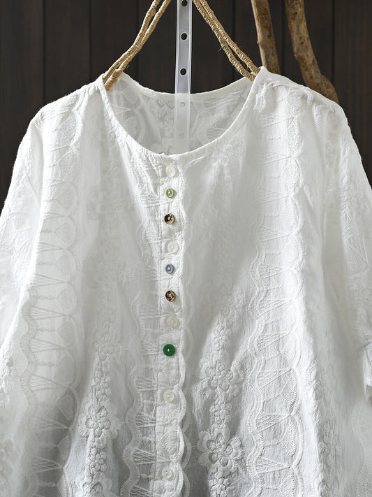 Plus Size Women Summer Artsy Embroidery O-Neck 100%Cotton Blouse