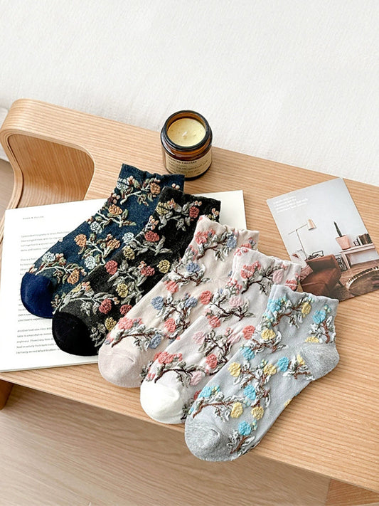 5 Pairs Women Artsy Flower Jacquard Cotton Socks