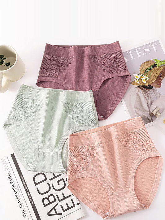 4 Pieces Women Artsy Flower Lace High Waist Underwear