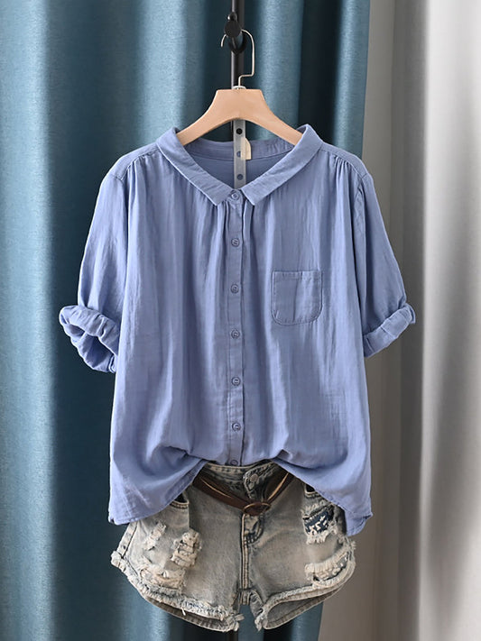 Plus Size Women Summer Artsy Turn-down Collar 100%Cotton Shirt