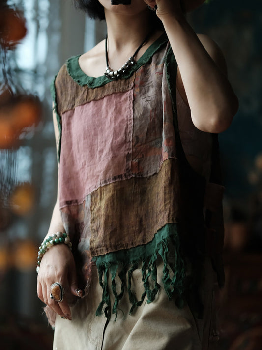 Plus Size Women Summer Vintage Patchwork O-Neck Tank Top