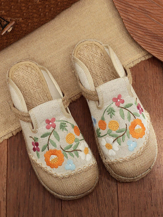 Women Summer Artsy Flower Linen Slippers
