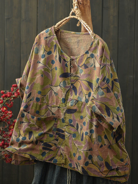 Women Summer Artsy Flower O-Neck Cotton Blouse