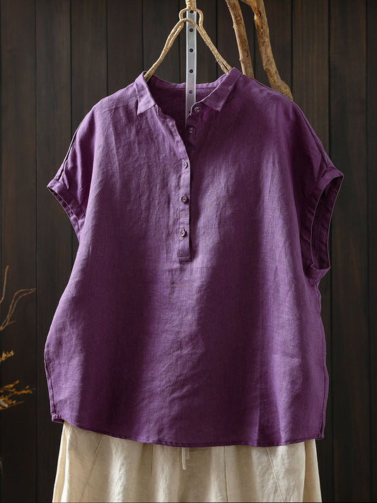 Plus Size Women Summer Artsy Pure Color 100%Linen Blouse