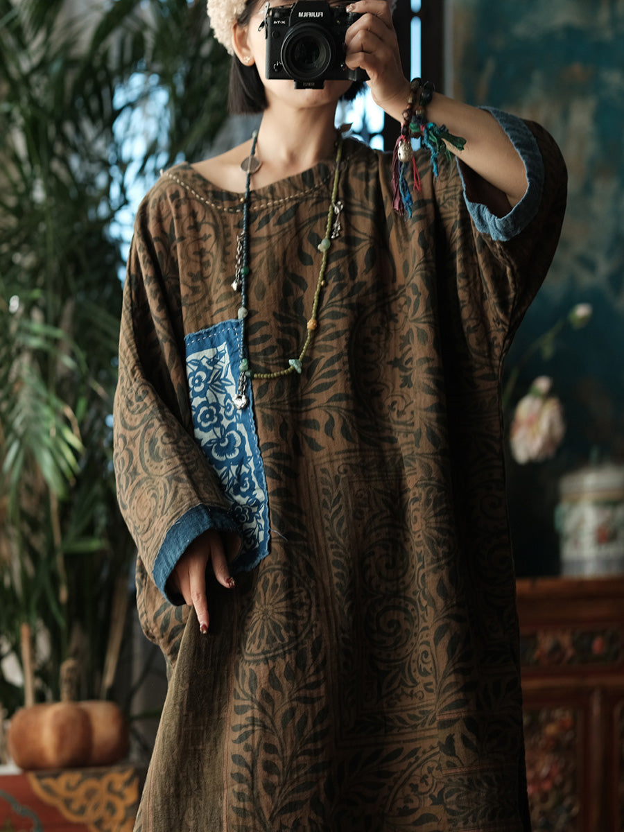 Women Vintage Patchwork Leaf O-Neck Dress