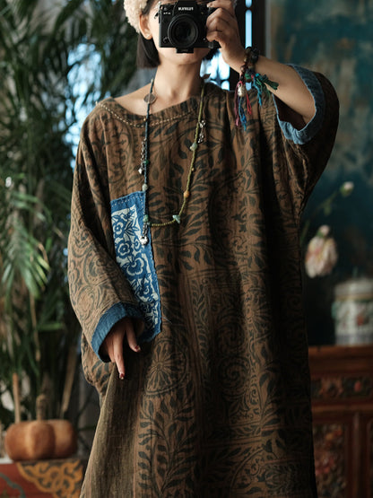 Women Vintage Patchwork Leaf O-Neck Dress