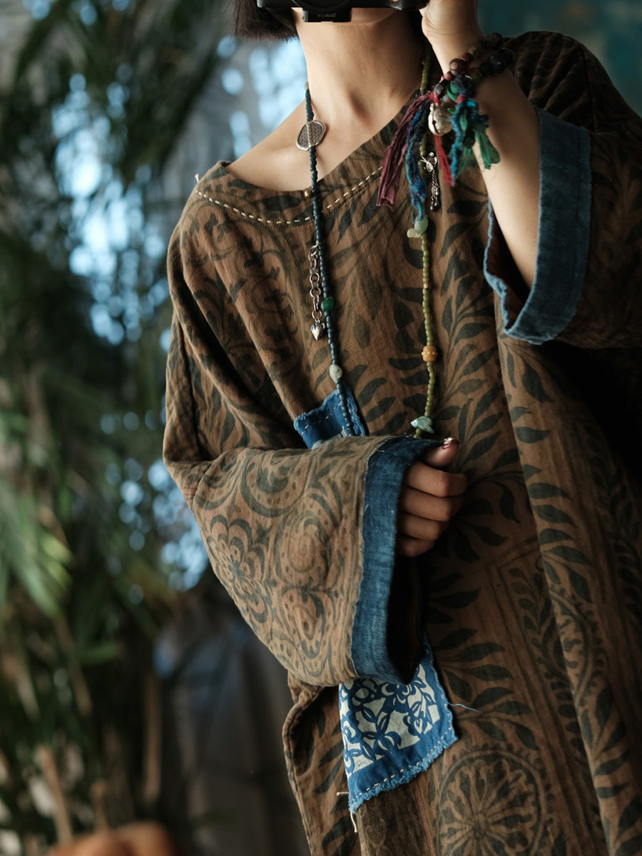 Women Vintage Patchwork Leaf O-Neck Dress