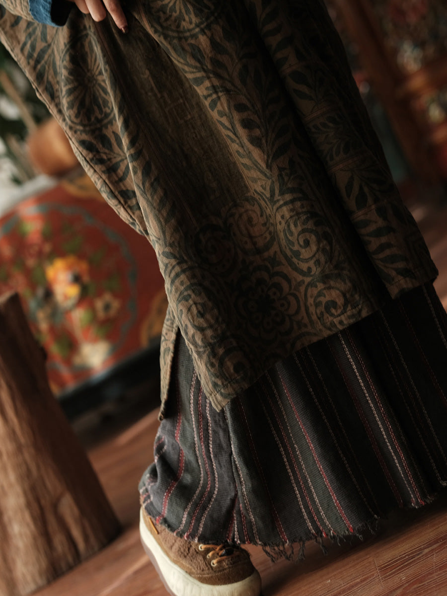 Women Vintage Patchwork Leaf O-Neck Dress